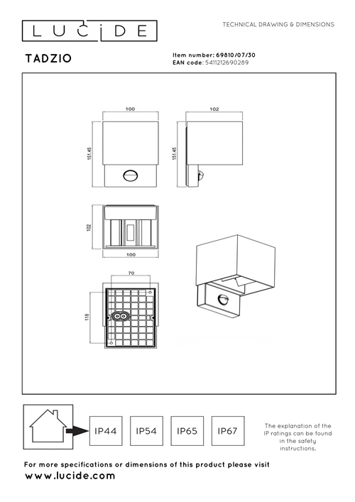 Lucide TADZIO - Applique murale Intérieur/Extérieur - LED - CCT - 1x7W 2700K/4000K - IP65 - Détecteur De Mouvement - Noir - Essential - technique